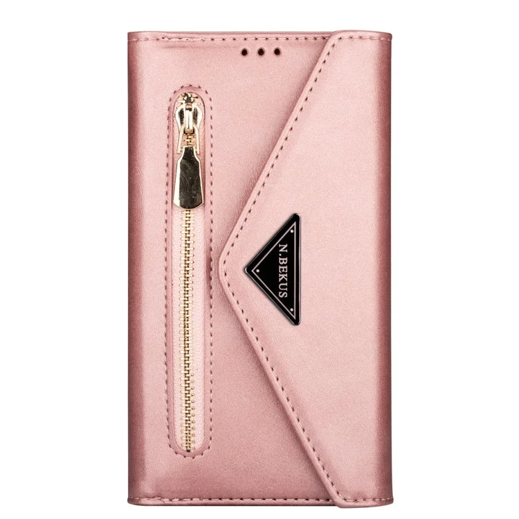 Short + Long Strap Design Zipper Wallet Stand Leather Phone Cover Shell for Samsung Galaxy A42 5G - Rose Gold