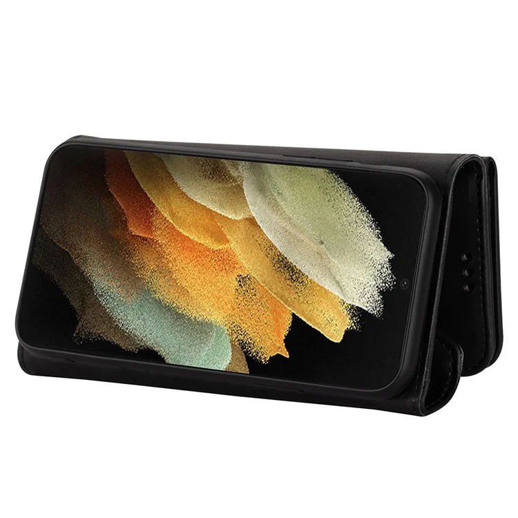 Para Samsung Galaxy S21 Ultra 5G Zipper Wallet Phone Case Leather Stand Phone Cover Shell with Short/Long Strap - Black