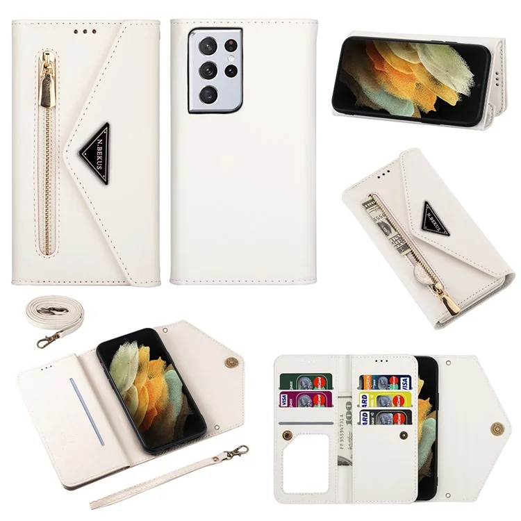 For Samsung Galaxy S21 Ultra 5G Zipper Wallet Phone Case Leather Stand Phone Cover Shell with Short/Long Strap - White