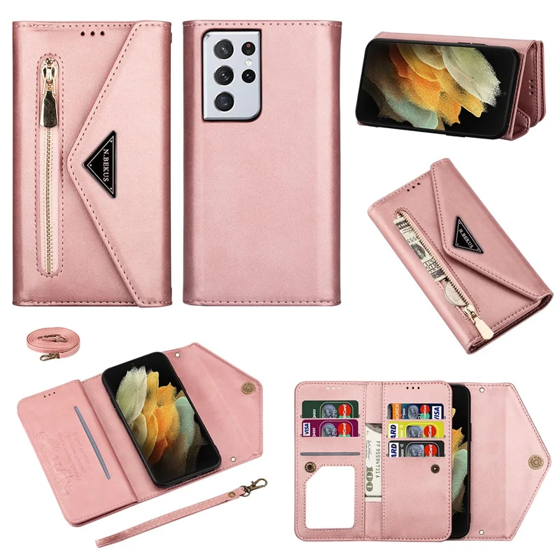 For Samsung Galaxy S21 Ultra 5G Zipper Wallet Phone Case Leather Stand Phone Cover Shell with Short/Long Strap - Rose Gold