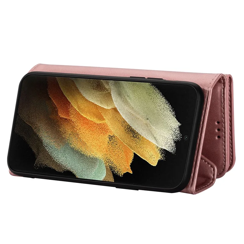 For Samsung Galaxy S21 Ultra 5G Zipper Wallet Phone Case Leather Stand Phone Cover Shell with Short/Long Strap - Rose Gold