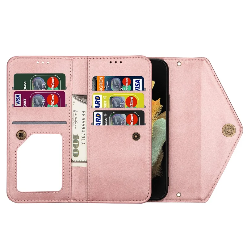 For Samsung Galaxy S21 Ultra 5G Zipper Wallet Phone Case Leather Stand Phone Cover Shell with Short/Long Strap - Rose Gold