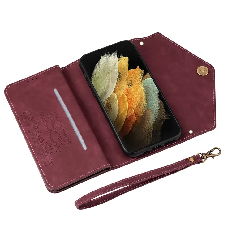 For Samsung Galaxy S21 Ultra 5G Zipper Wallet Phone Case Leather Stand Phone Cover Shell with Short/Long Strap - Wine Red