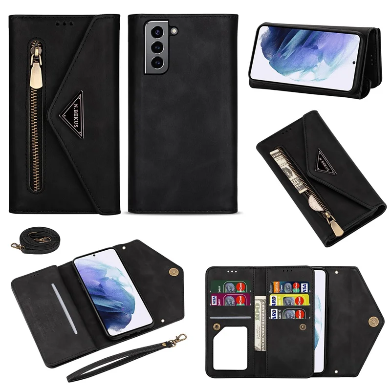 Short/Long Strap Leather Shell Zipper Wallet Stand Phone Cover for Samsung Galaxy S21 4G/5G - Black
