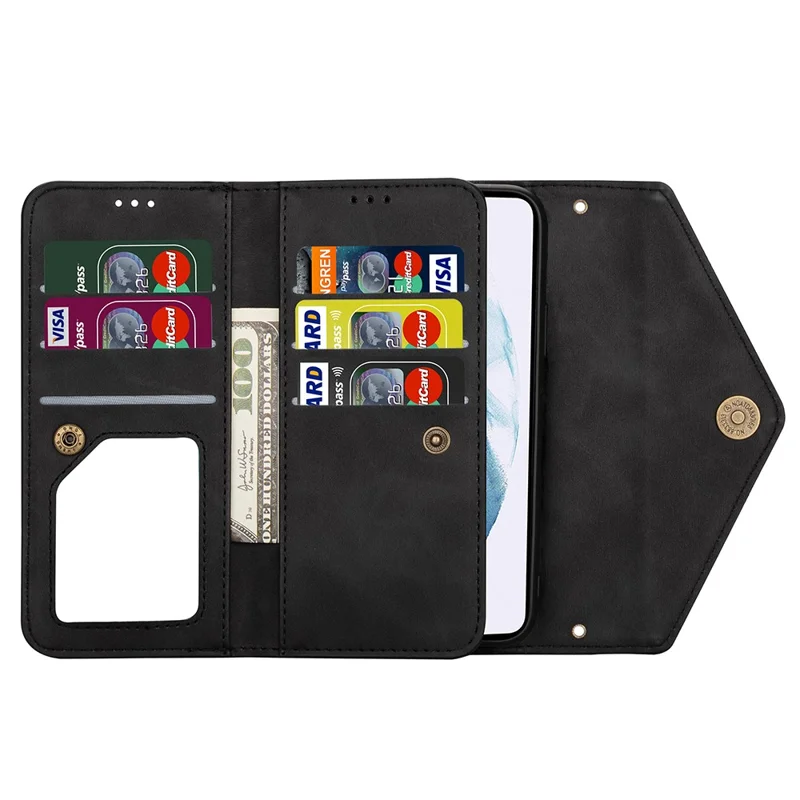 Short/Long Strap Leather Shell Zipper Wallet Stand Phone Cover for Samsung Galaxy S21 4G/5G - Black
