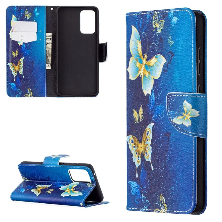 Coque de protection en cuir à motif, support rabattable pour Samsung Galaxy A72 5G - Papillon doré