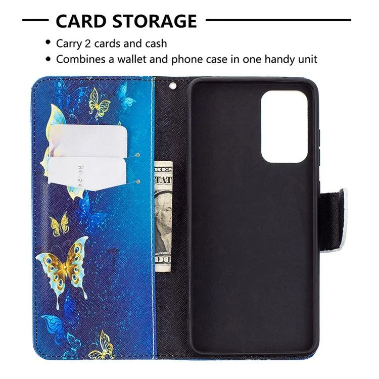 Coque de protection en cuir à motif, support rabattable pour Samsung Galaxy A72 5G - Papillon doré