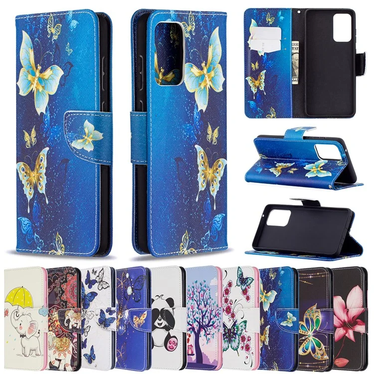 Coque de protection en cuir à motif, support rabattable pour Samsung Galaxy A72 5G - Papillon doré
