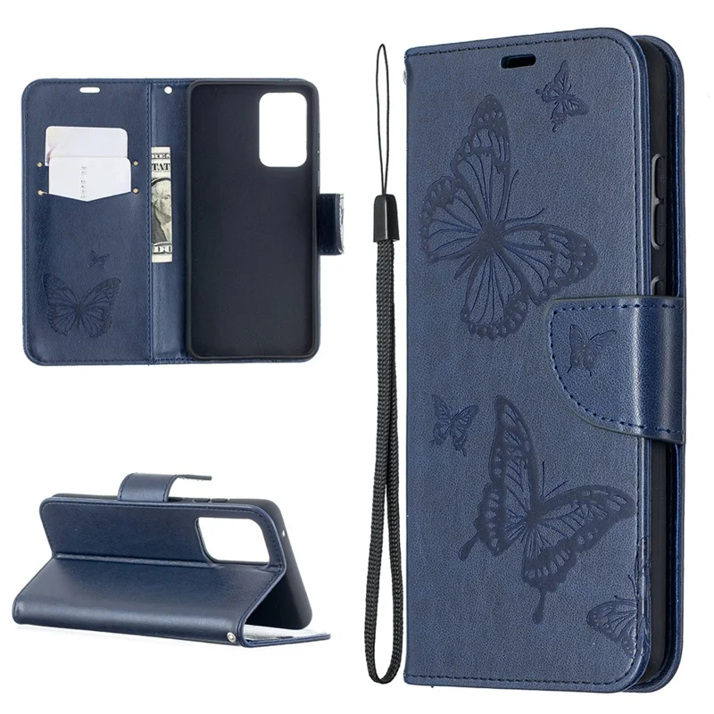 For Samsung Galaxy A52 4G / 5G / A52s 5G Imprint Butterflies Wallet Stand Flip Leather Phone Shell - Dark Blue