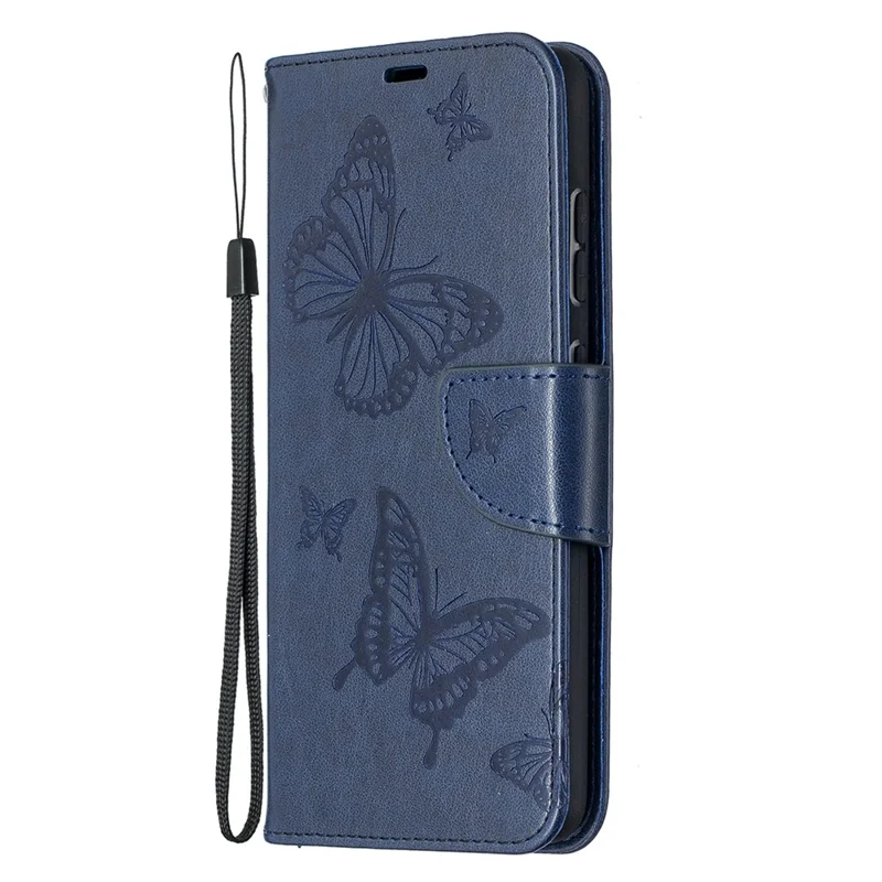 For Samsung Galaxy A52 4G / 5G / A52s 5G Imprint Butterflies Wallet Stand Flip Leather Phone Shell - Dark Blue