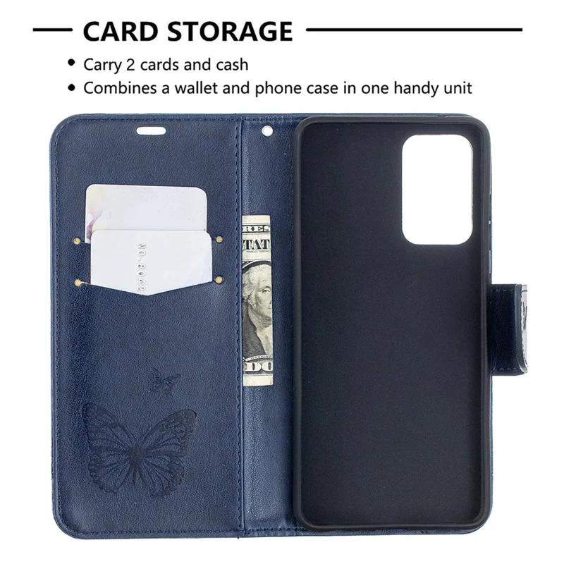 For Samsung Galaxy A52 4G / 5G / A52s 5G Imprint Butterflies Wallet Stand Flip Leather Phone Shell - Dark Blue