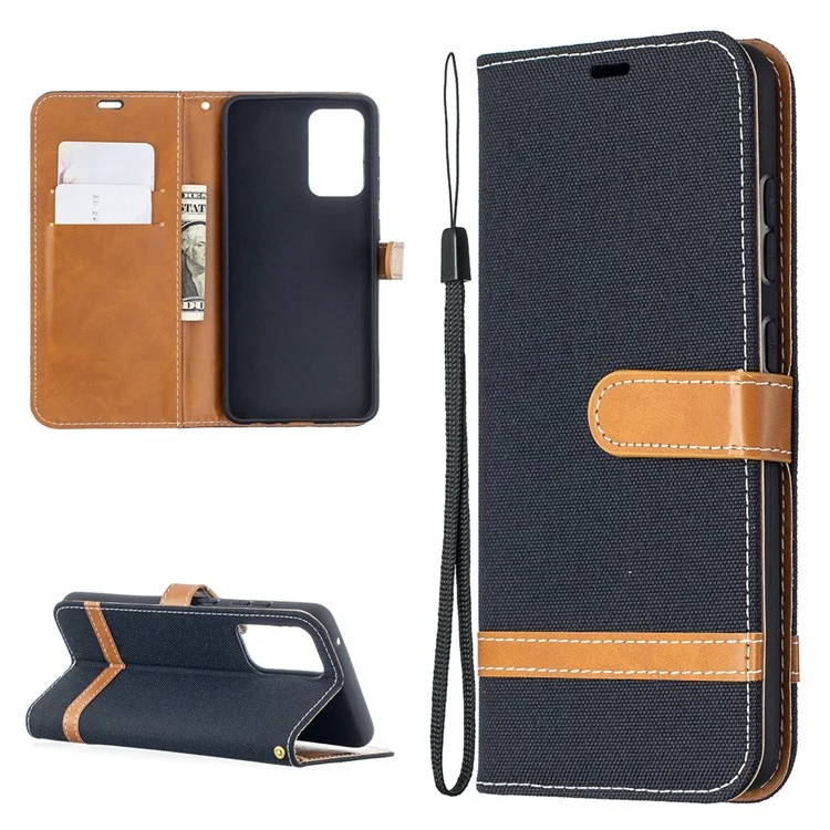 For Samsung Galaxy A52 4G/5G / A52s 5G Color Splicing Jeans Cloth Surface Wallet Leather Phone Cover - Black