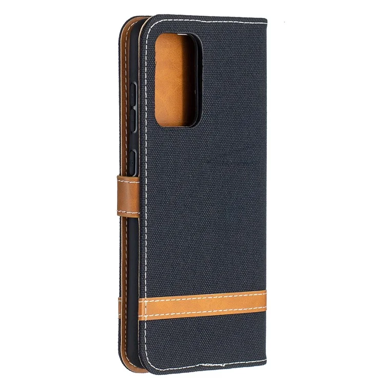 For Samsung Galaxy A52 4G/5G / A52s 5G Color Splicing Jeans Cloth Surface Wallet Leather Phone Cover - Black