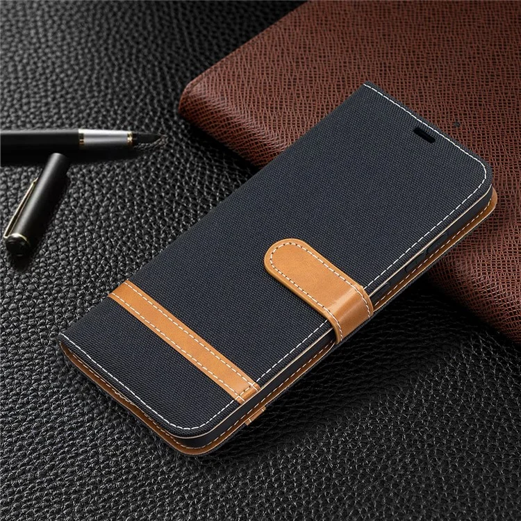 For Samsung Galaxy A52 4G/5G / A52s 5G Color Splicing Jeans Cloth Surface Wallet Leather Phone Cover - Black