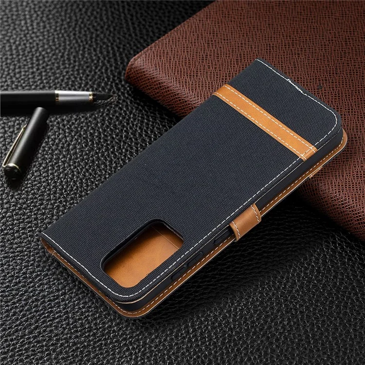 For Samsung Galaxy A52 4G/5G / A52s 5G Color Splicing Jeans Cloth Surface Wallet Leather Phone Cover - Black