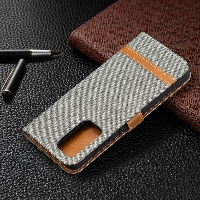 Pokrowiec skórzany typu portfel z tkaniny dżinsowej w kolorowych szkicach dla Samsung Galaxy A52 4G/5G / A52s 5G - Szary
