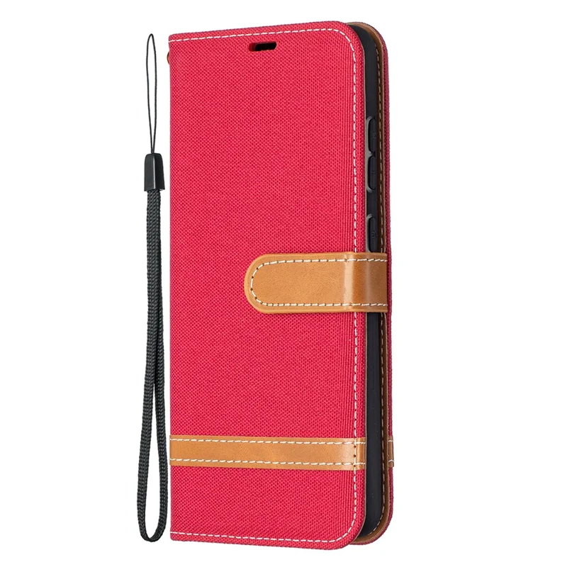 For Samsung Galaxy A52 4G/5G / A52s 5G Color Splicing Jeans Cloth Surface Wallet Leather Phone Cover - Red