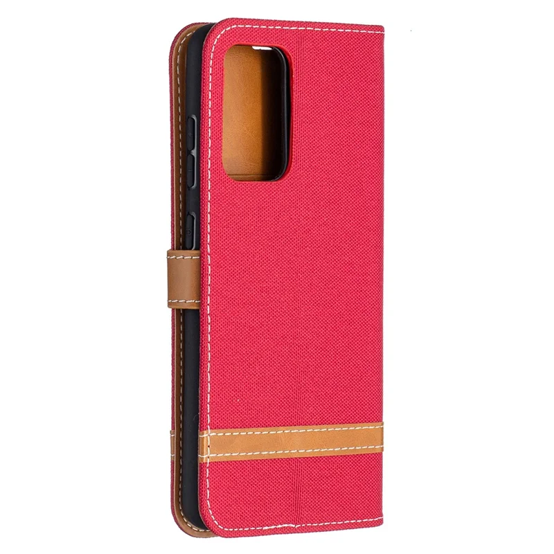 For Samsung Galaxy A52 4G/5G / A52s 5G Color Splicing Jeans Cloth Surface Wallet Leather Phone Cover - Red