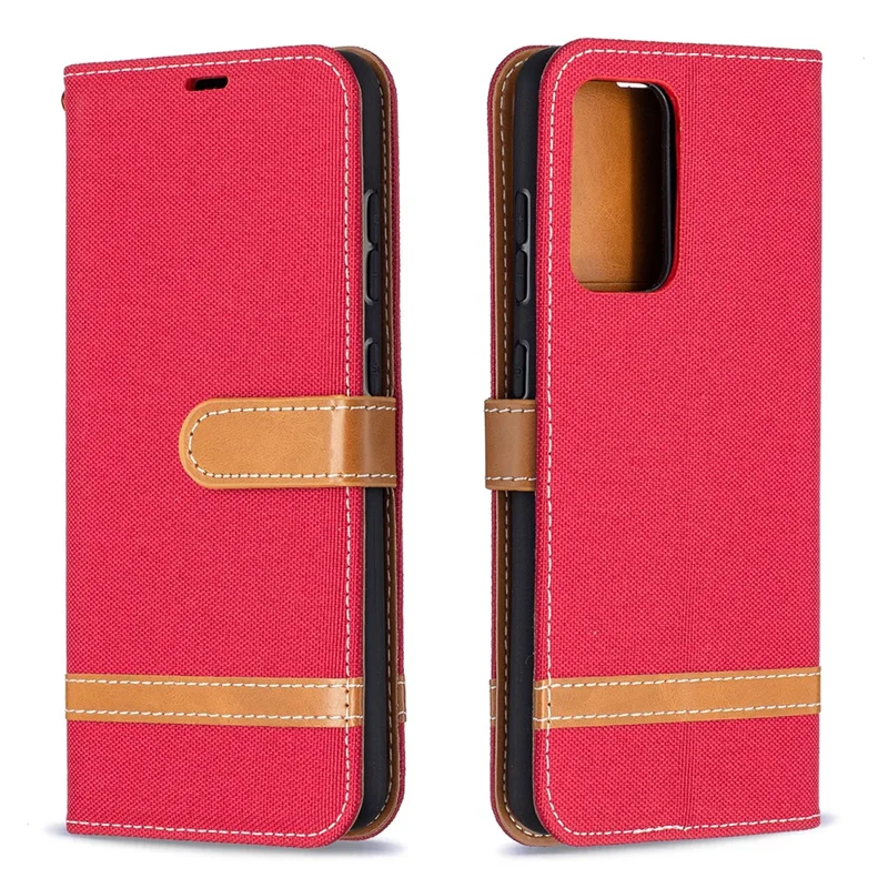 For Samsung Galaxy A52 4G/5G / A52s 5G Color Splicing Jeans Cloth Surface Wallet Leather Phone Cover - Red