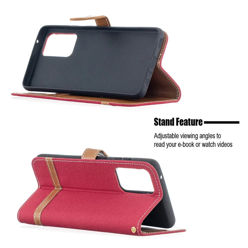 For Samsung Galaxy A52 4G/5G / A52s 5G Color Splicing Jeans Cloth Surface Wallet Leather Phone Cover - Red