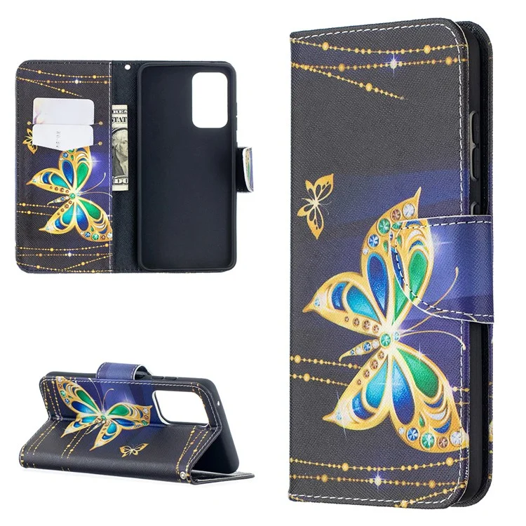 Wallet Stand Design Pattern Printing Folio Flip Leather Phone Shell for Samsung Galaxy A52 4G/5G / A52s 5G - Gold Butterfly