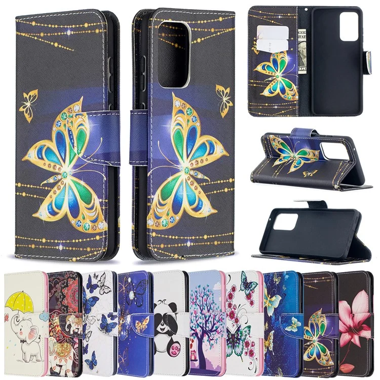 Wallet Stand Design Pattern Printing Folio Flip Leather Phone Shell for Samsung Galaxy A52 4G/5G / A52s 5G - Gold Butterfly