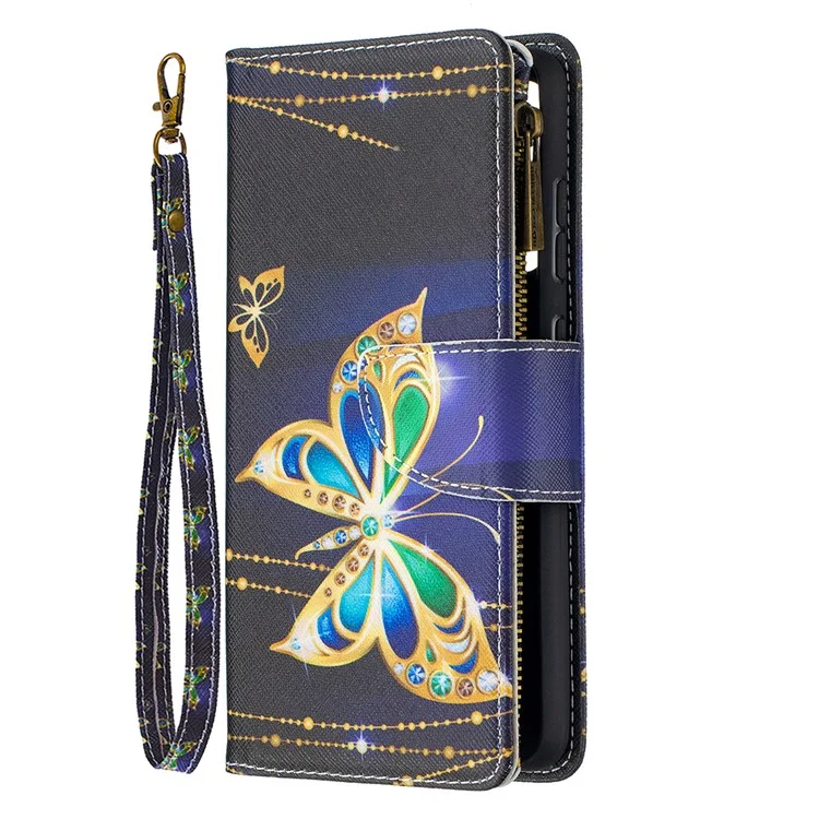 Étui pour téléphone en cuir à motif imprimé BF03 Zipper Wallet pour Samsung Galaxy A52 4G/5G / A52s 5G - Papillon de cristal