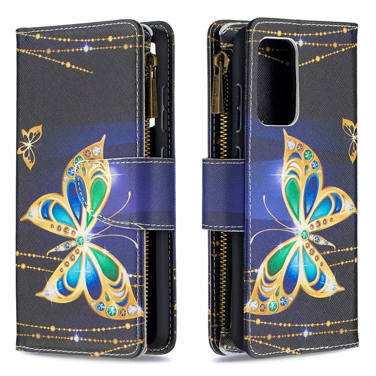 BF03 Patrón de Diseño de Billetera Con Cremallera Impresión de la Cubierta Del Teléfono de Cuero Para Samsung Galaxy A52 4G/5G / A52s 5G - Mariposa de Cristal