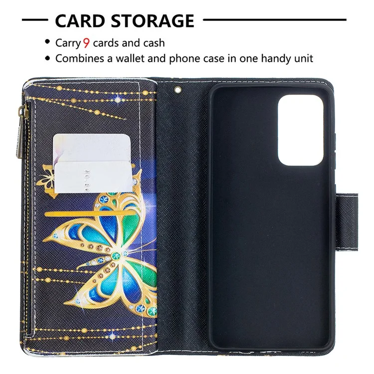 Étui pour téléphone en cuir à motif imprimé BF03 Zipper Wallet pour Samsung Galaxy A52 4G/5G / A52s 5G - Papillon de cristal