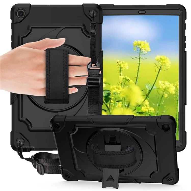 PC y Estuche de Tableta de Silicona Con Una Correa de Mano de Mano Giratoria de 360 ​​° Para Samsung Galaxy Tab A 10.1 (2019) T515 - Todo Negro