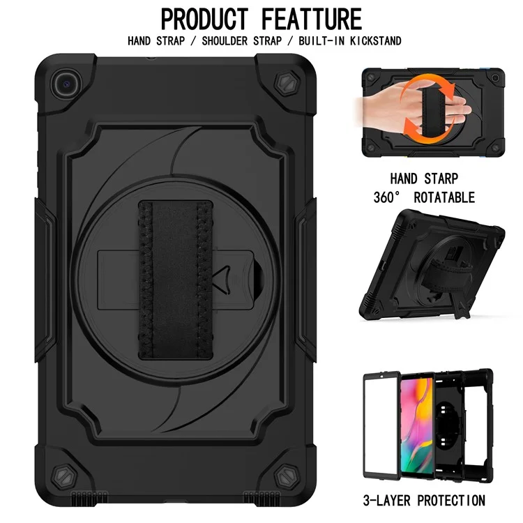 PC and Silicone Tablet Case with 360° Swivel Hand Strap Kickstand for Samsung Galaxy Tab A 10.1 (2019) T515 - All Black