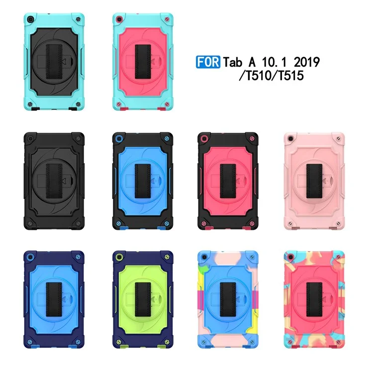 PC y funda de silicona para tablet con soporte giratorio de 360° para Samsung Galaxy Tab A 10.1 (2019) T515 - Todo en negro
