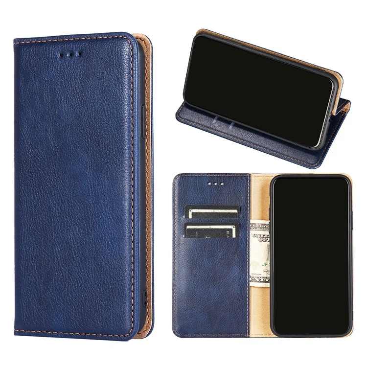 Auto-Magnetic Plain Leather Phone Case for Samsung Galaxy A32 5G Wallet Stand Design Phone Cover - Blue