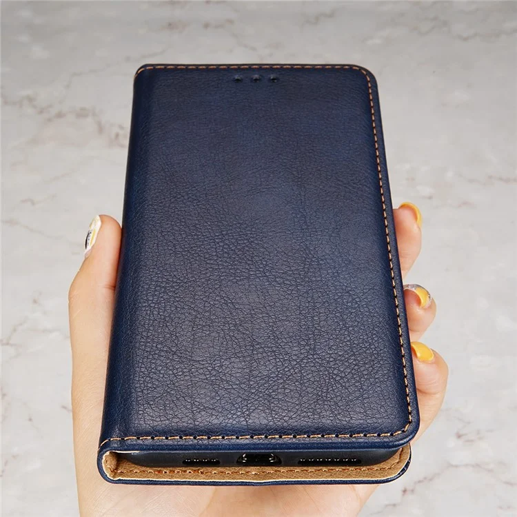 Auto-Magnetic Plain Leather Phone Case for Samsung Galaxy A32 5G Wallet Stand Design Phone Cover - Blue