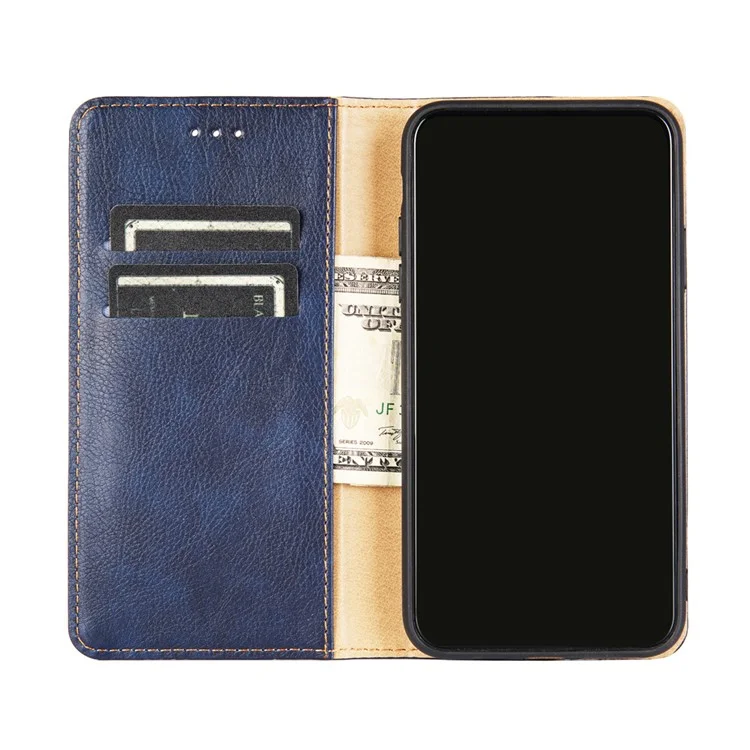 Auto-Magnetic Plain Leather Phone Case for Samsung Galaxy A32 5G Wallet Stand Design Phone Cover - Blue