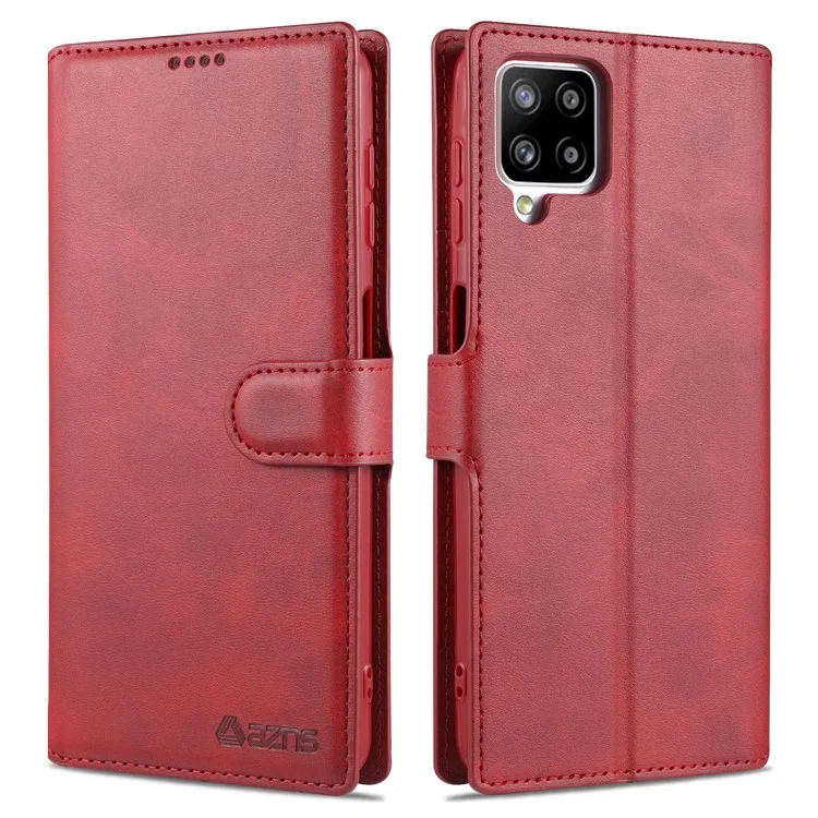 AZNS Leather Case for Samsung Galaxy A12 Wallet Cell Phone Protection Cover - Red