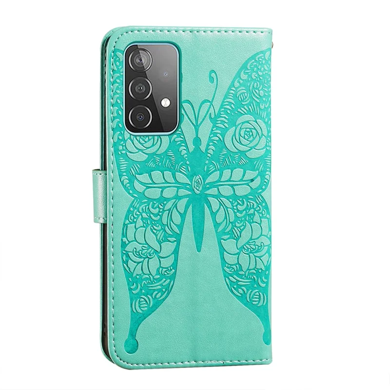 For Samsung Galaxy A52 4G/5G / A52s 5G Imprinted Rose Flower Butterflies Pattern Leather Wallet Stand Case - Green