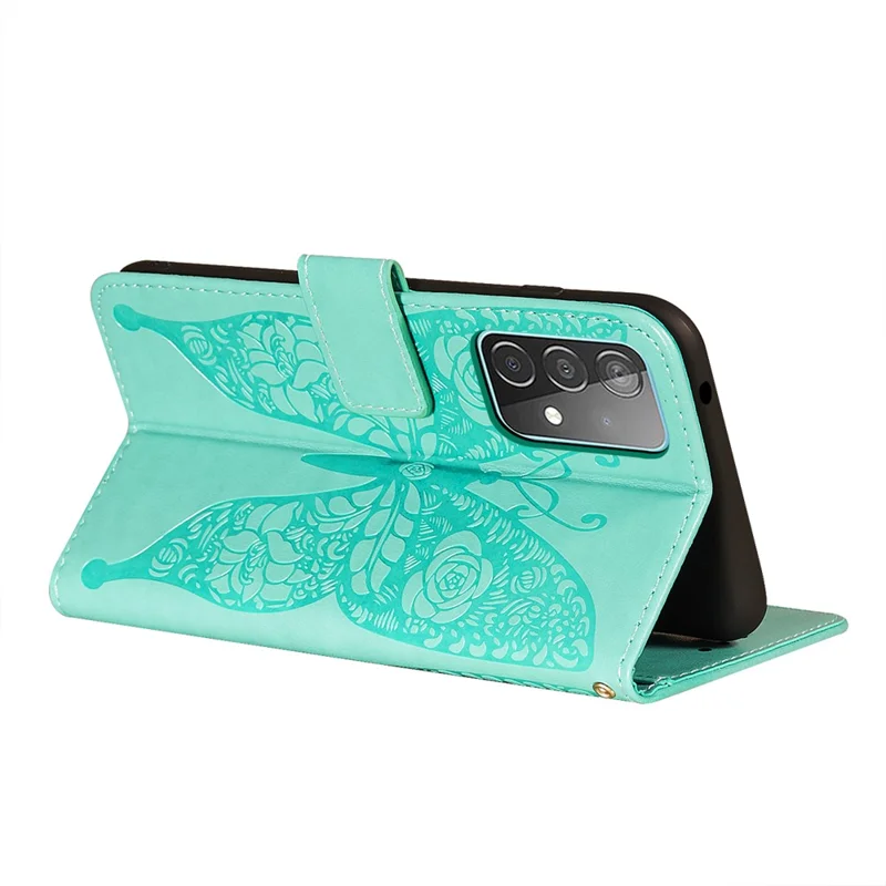 For Samsung Galaxy A52 4G/5G / A52s 5G Imprinted Rose Flower Butterflies Pattern Leather Wallet Stand Case - Green