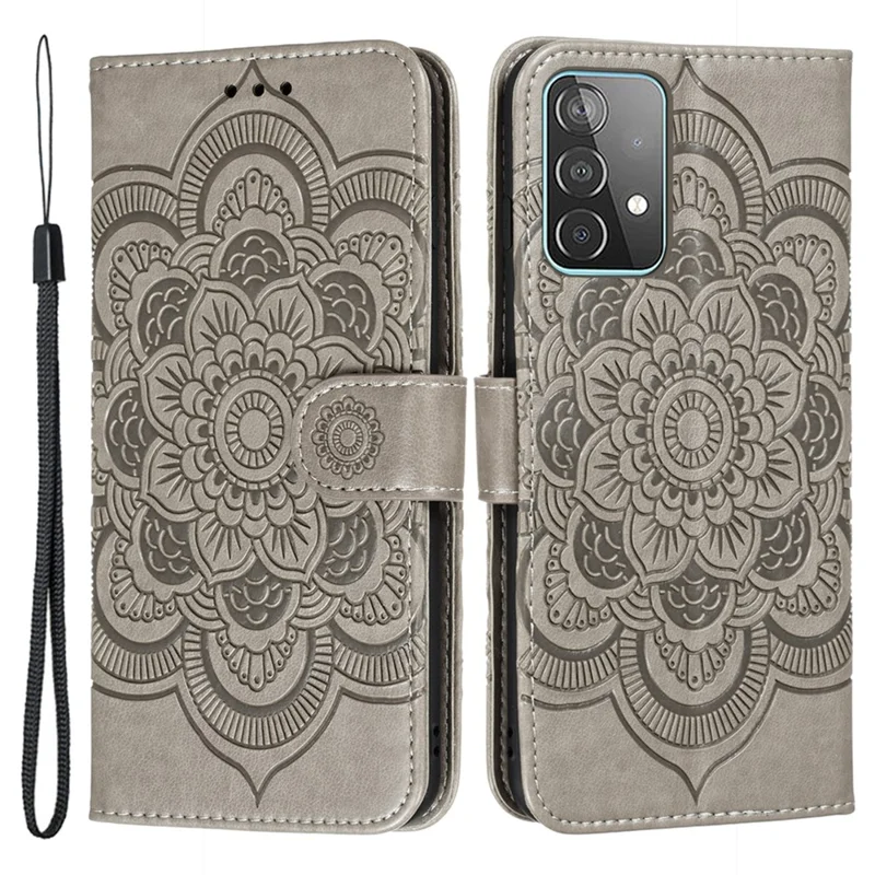 Imprint Mandala Flower Wallet Leather Cover for Samsung Galaxy A52 4G/5G / A52s 5G Protective Stand Shell - Grey