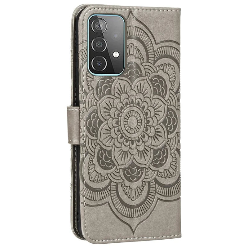Imprint Mandala Flower Wallet Leather Cover for Samsung Galaxy A52 4G/5G / A52s 5G Protective Stand Shell - Grey