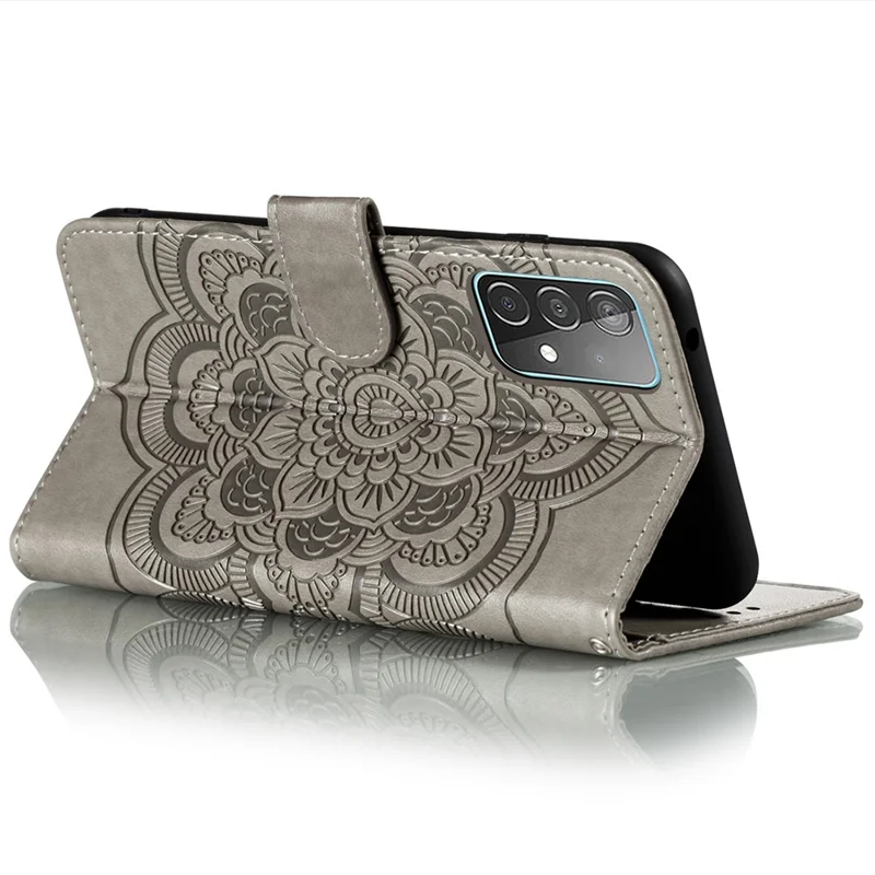 Imprint Mandala Flower Wallet Leather Cover for Samsung Galaxy A52 4G/5G / A52s 5G Protective Stand Shell - Grey