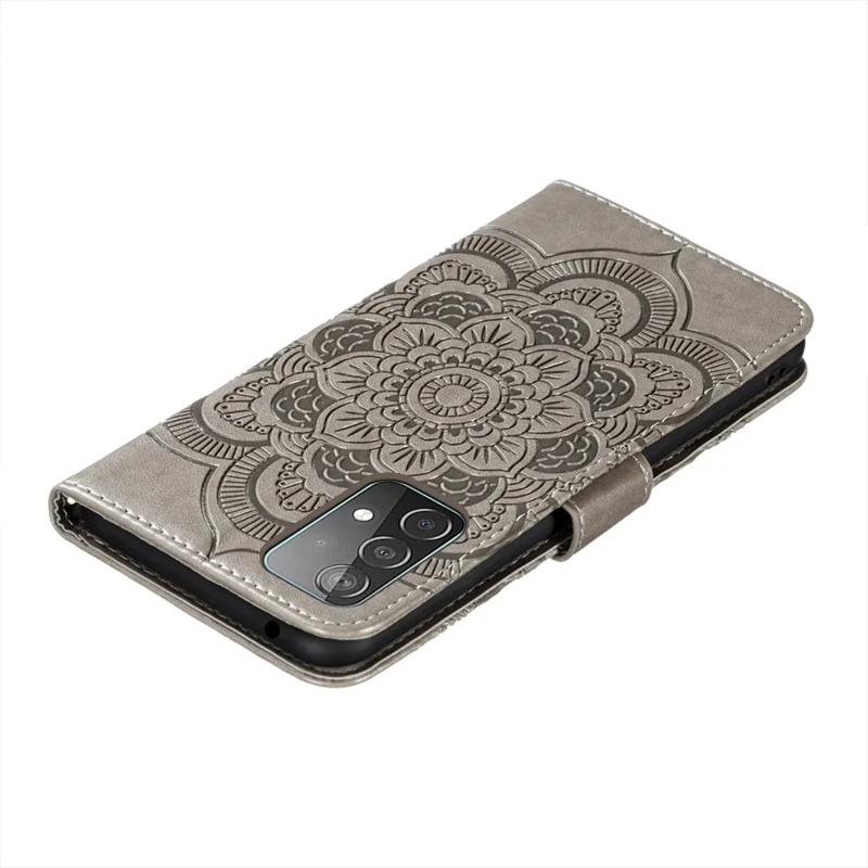 Imprint Mandala Flower Wallet Leather Cover for Samsung Galaxy A52 4G/5G / A52s 5G Protective Stand Shell - Grey