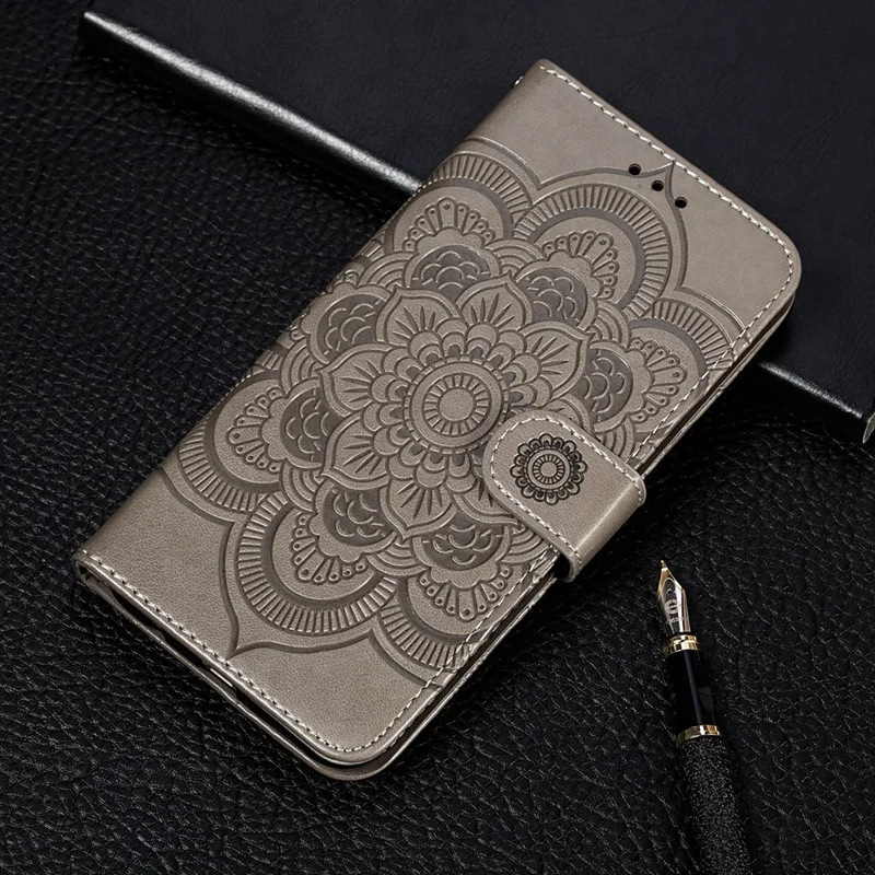 Imprint Mandala Flower Wallet Leather Cover for Samsung Galaxy A52 4G/5G / A52s 5G Protective Stand Shell - Grey