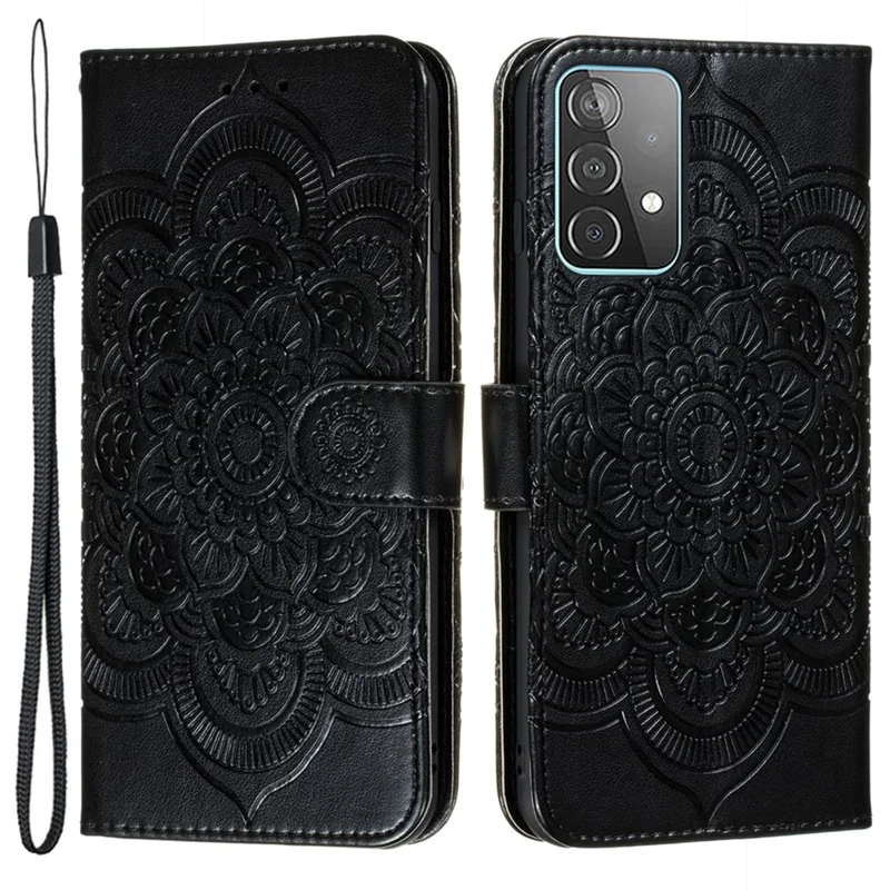 Imprint Mandala Flower Wallet Leather Cover for Samsung Galaxy A52 4G/5G / A52s 5G Protective Stand Shell - Black