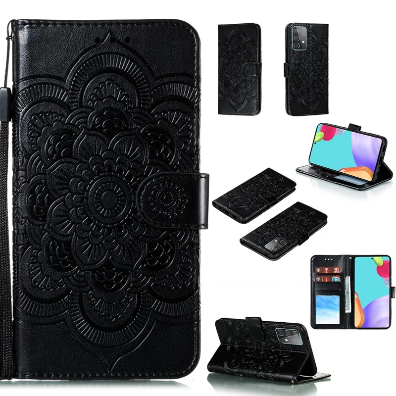 Imprint Mandala Flower Wallet Leather Cover for Samsung Galaxy A52 4G/5G / A52s 5G Protective Stand Shell - Black