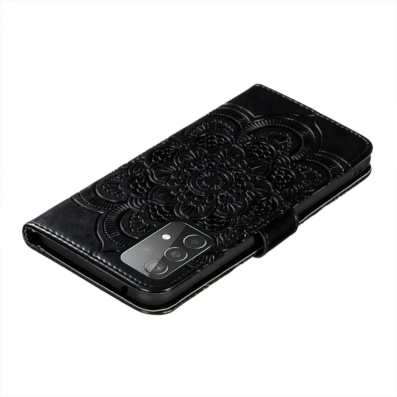 Imprint Mandala Flower Wallet Leather Cover for Samsung Galaxy A52 4G/5G / A52s 5G Protective Stand Shell - Black