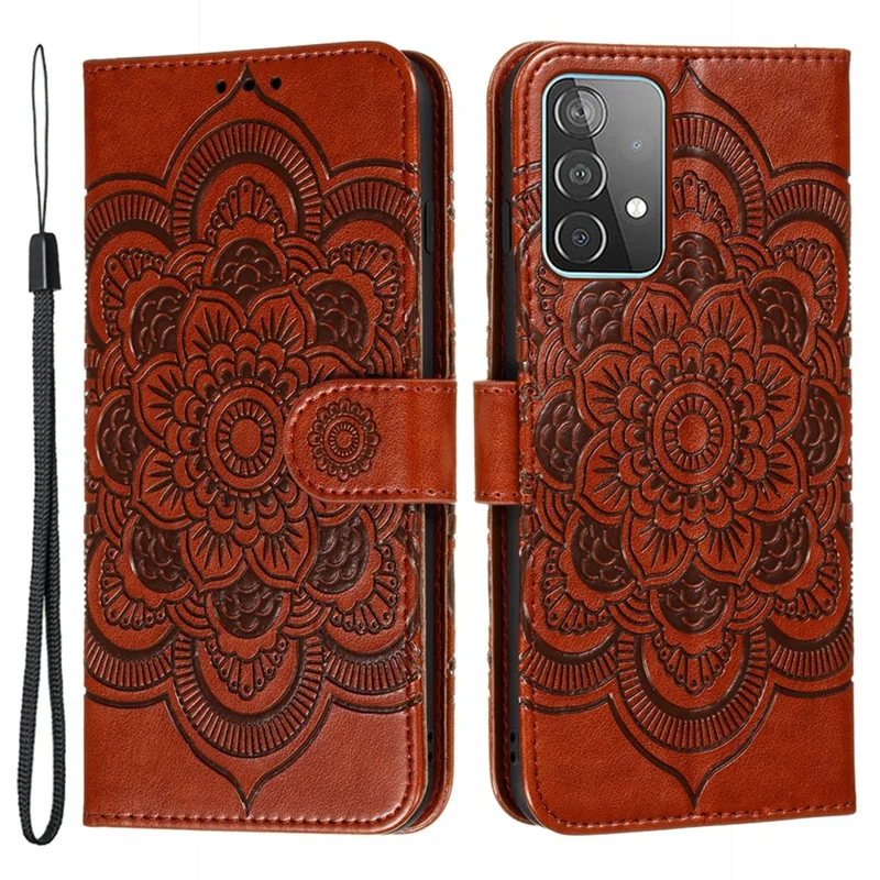 Imprint Mandala Flower Wallet Leather Cover for Samsung Galaxy A52 4G/5G / A52s 5G Protective Stand Shell - Brown