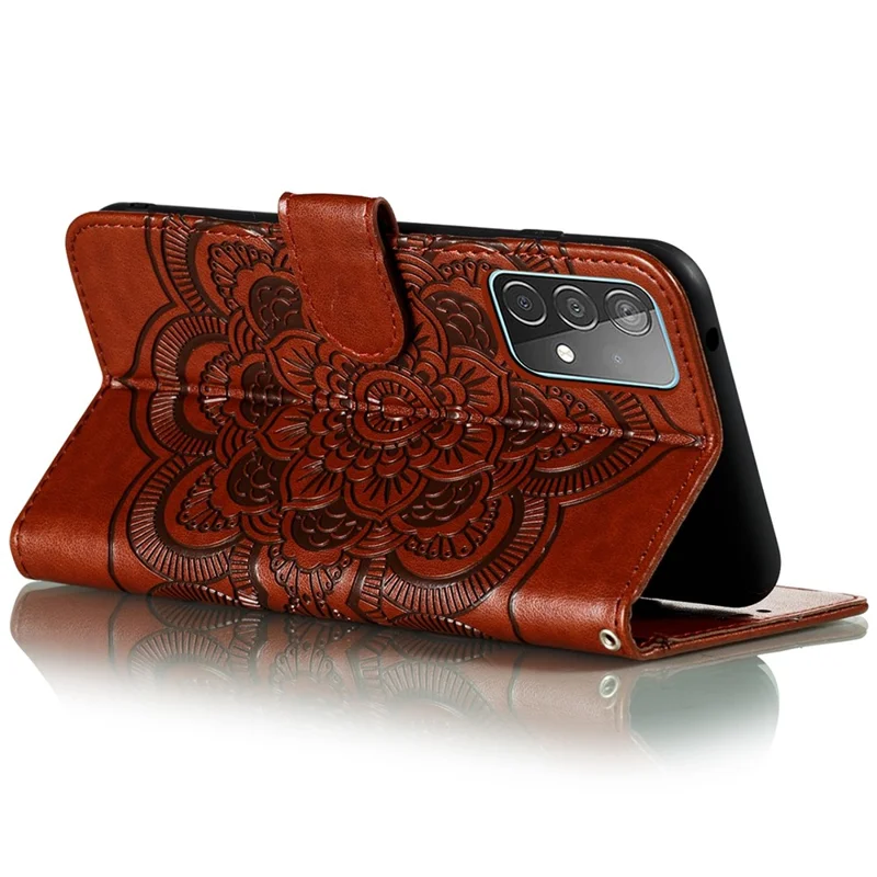Imprint Mandala Flower Wallet Leather Cover for Samsung Galaxy A52 4G/5G / A52s 5G Protective Stand Shell - Brown