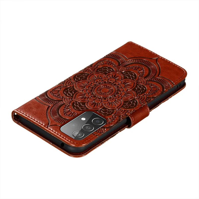 Imprint Mandala Flower Wallet Leather Cover for Samsung Galaxy A52 4G/5G / A52s 5G Protective Stand Shell - Brown