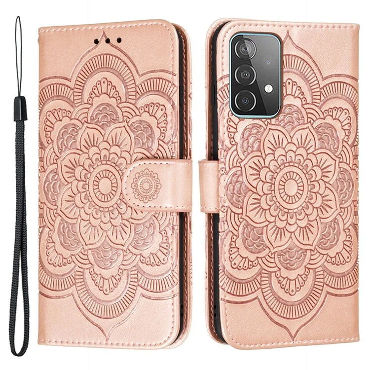 Imprint Mandala Flower Wallet Leather Cover for Samsung Galaxy A52 4G/5G / A52s 5G Protective Stand Shell - Rose Gold